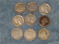 Lot of 9 Buffalo & Liberty Nickels-Readable Dates.