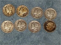 Lot of 7 Mercury Dimes & (1) Roosevelt Dime, 1940s