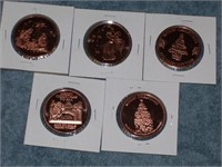 Lot of (5) 1 Ounce Copper Rounds Merry Christmas