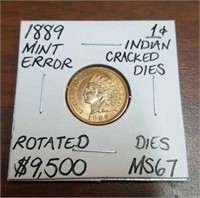 1889 Mint Error Indian Head Penny- Graded MS67