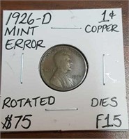 1926D Mint Error Wheat Penny- Graded F15