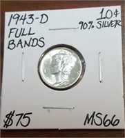1943D Full Bands Mercury Dime- Graded MS66