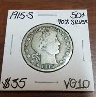 1915S Barber Silver Half Dollar- Graded VG10