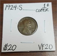 1924S Wheat Copper Penny- Graded VF20