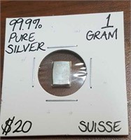 99.9% Pure Silver 1 Gram Suisse Bar