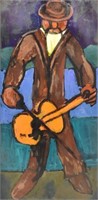 FRAMED OIL ON BOARD PAINTING STREET MUSICIAN