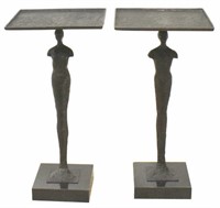 (2) GIACOMETTI STYLE FIGURAL BRONZE FINISH TABLES