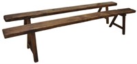 (2) FRENCH PROVINCIAL FRUITWOOD TRESTLE BENCHES