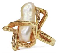 ESTATE MODERN DESIGN 14KT YG & BAROQUE PEARL RING