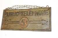 Metal Public Telephone 5 cent Sign 9 1/2" x 4
