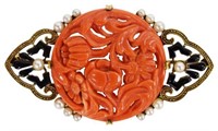 14KT GOLD CARVED CORAL, ENAMEL & PEARL BROOCH