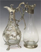 (2) PEWTER-MOUNTED COLORLESS GLASS CLARET EWERS