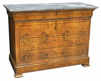 FRENCH LOUIS PHILIPPE MARBLE-TOP BURLWOOD COMMODE