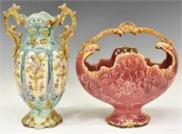 (2) FRENCH MAJOLICA VASE & RETICULATED BASKET