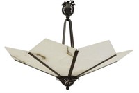 ART DECO IRON & ALABASTER 8-LIGHT CHANDELIER