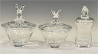 (3) STEUBEN ART GLASS COVERED CANDY DISHES & JAR