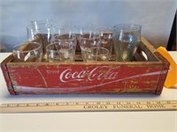 Antique Coca Cola Wood Crate w/ 12 Glasses