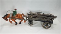Vintage Cast Iron Horse Drawn Wagon w/ Logs