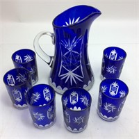 VTG. COBALT BLUE CUT GLASS PITCHER & 6 GLASSES