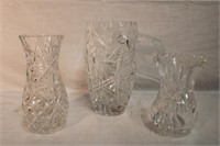 3 Crystal vases, 7.25" ,6.27", 5"