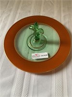 Green depression glass pastry platter with flur