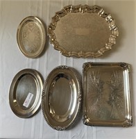 4 unmatched plated silver serving tray