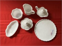 6 Fenton milk glass items cake plate,oval dish,2