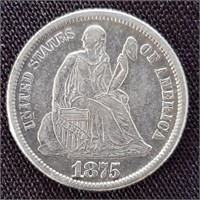 1875 Seated Liberty Dime - VF/XF