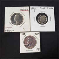 3 proof coins, including Silver 1958 Quarter