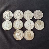 10 Franklin Half Dollars - 90% Silver Halves