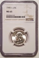 1945-S Washington Silver Quarter - NGC MS65