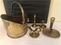 Brass Bucket and 5 Candle Sticks