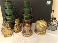 Gold Bookends,Metal Pots, Decorative Wood Jar
