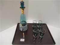Blue Glass Decanter with 6 Glasses