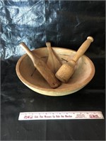 Vintage wooden bowl and utensils