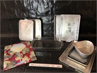 Pyrex casserole, cake pans, glass cutting board