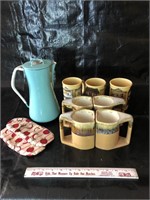 Mugs and enamel coffee pot