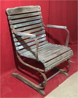 Antique Wood & Metal Slatted Spring Chair