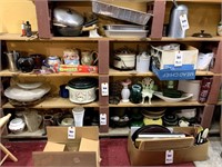 Shelf Including Crockpot, Relish Trays, Vases,