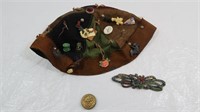 Antique Leather Beanie Hat w/Charms,Pins, Buttons