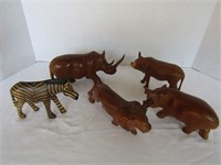 5 Handcarved Wooden Animal Figures from Kenya