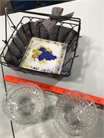 Square wire basket & 4 small bowls
