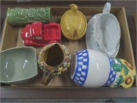 Ceramic Bowls, Cups, Hen, and Car