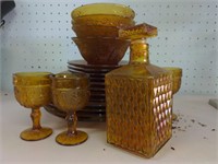 Amber Glass Decanter, Bowls, Plates, and Glasses