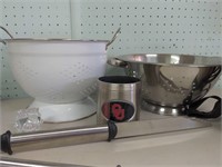 (2) Colanders, Tongs, Thermos, OU Coosy, and