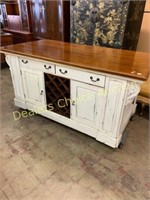 LARGE PAINTED KITCHEN ISLAND WITH WINE RACK