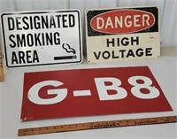 3 aluminum signs - smoking area, danger, and b8