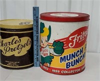 2 tins - The Fritos kid and Charlie pretzels