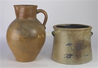 Two Pieces Stoneware, Crock and Pitcher