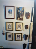 ASSORTED FRAMED PRINTS AND MASKS